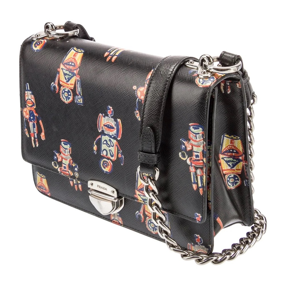Prada Saffiano Lux Leather Robot Shoulder Bag - black